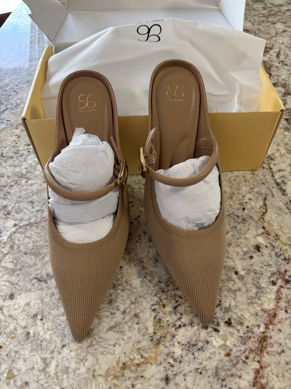 Pointed Knit Mule with Buckle Strap — Beige